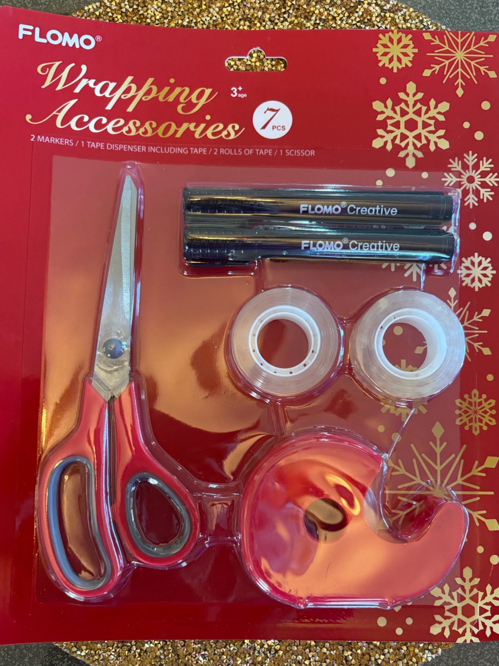 Flomo NWT Wrapping Accessories Set 7 pieces, 2 markers, scissor, tape dispenser